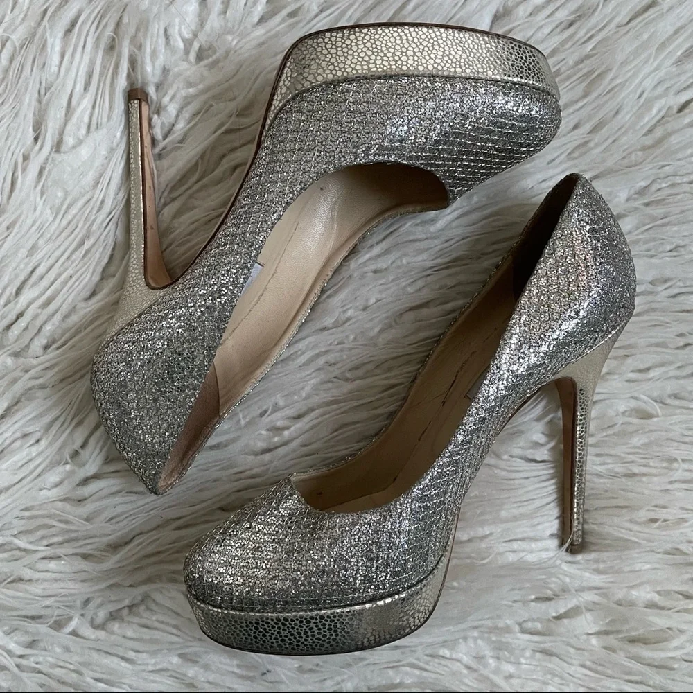 Jimmy Choo Silver Metallic Champagne Lamè Fabric Leather Alex Platform Pumps EUC